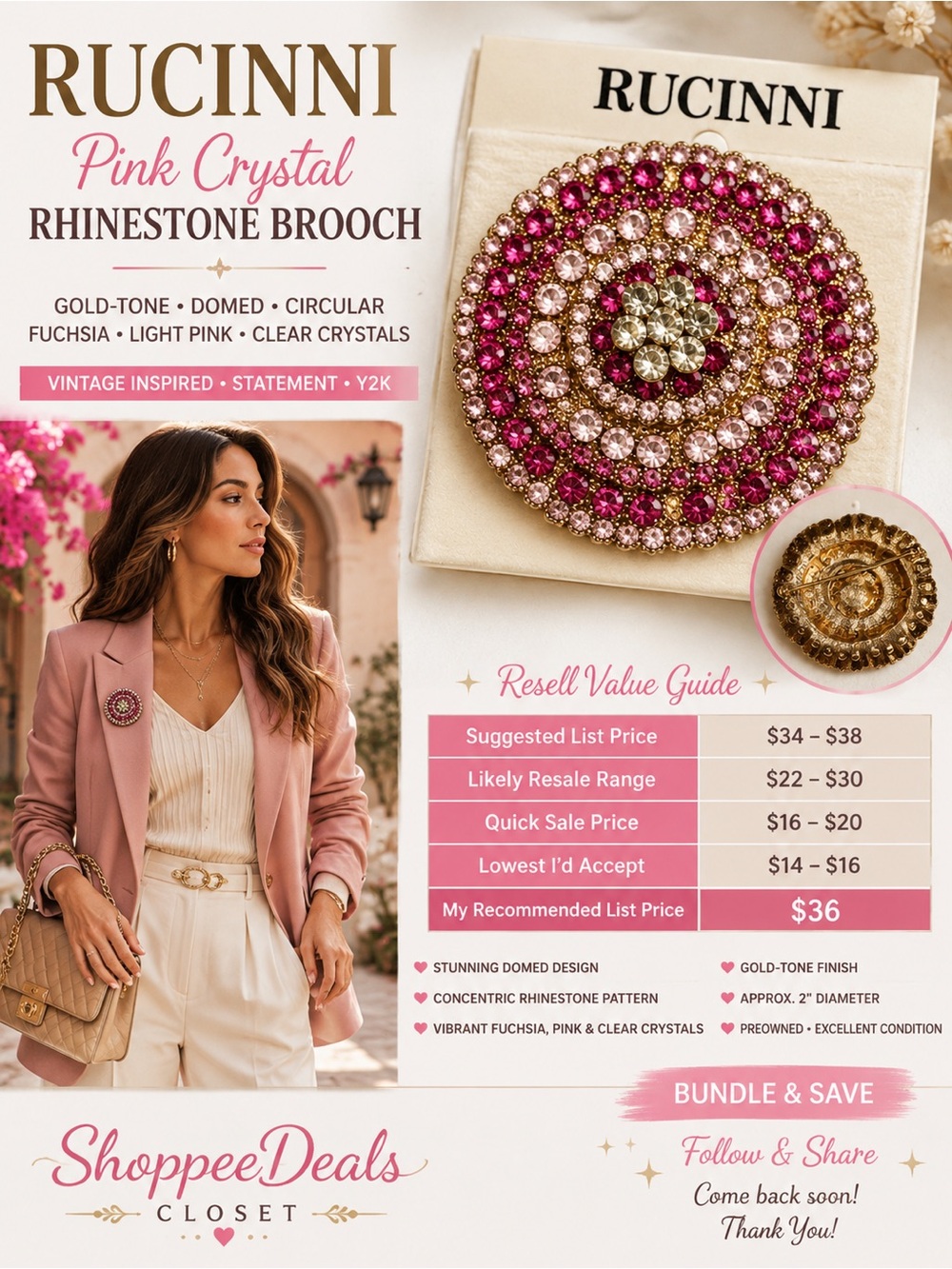 Rucinni Pink Crystal Rhinestone Floral Brooch – Gold Tone Statement Pin NWT
